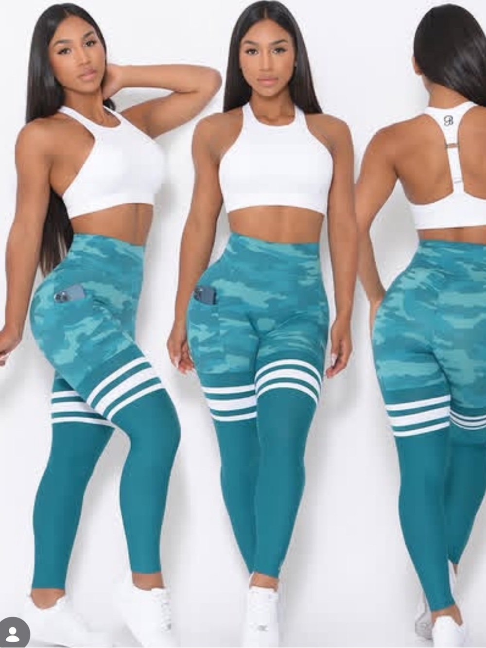 Bombshell Sportswear Teal Camo High-Waist Leggings with White Stripes
